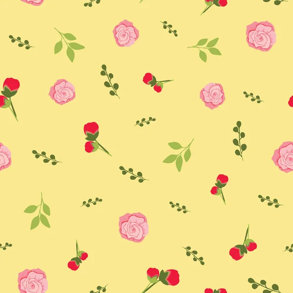黄色の背景にバラの花の繰り返しベクトルパターンデザイン — ストックベクタ