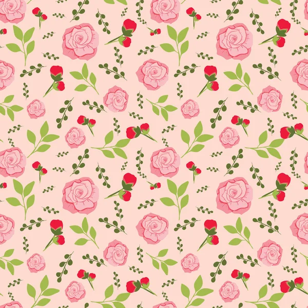 Nahtloses Muster Design Rosen Und Blätter Auf Beigem Hintergrund — Stockvektor
