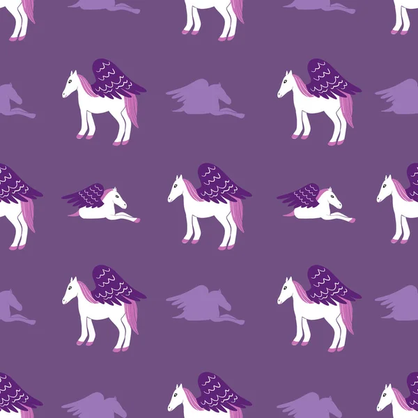 Pegasus Auf Violettem Vektornahtlosem Designhintergrund — Stockvektor