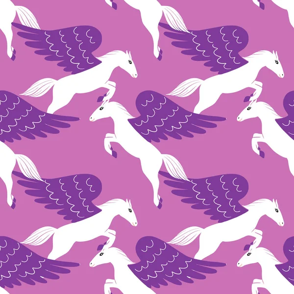 Vektorillustration Pegasus Wiederholungsmuster Auf Violettem Hintergrund — Stockvektor