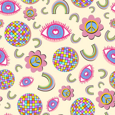 70 'lerin sembolleri klasik, dikişsiz desen tasarımı çizimi