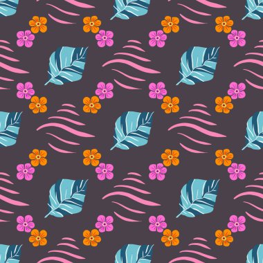 Gri arkaplanda tropik soyut motifler kusursuz desen tasarımı