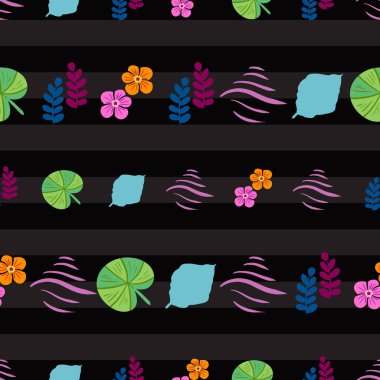 Siyah çizgili arkaplan tasarımında soyut tropikal motifler