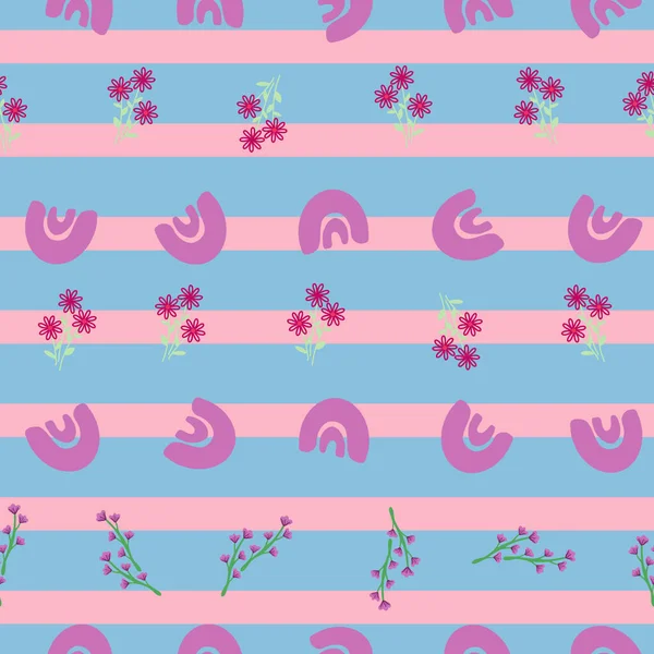 带条纹背景的Boho彩虹和花朵 无缝图案设计 — 图库矢量图片#