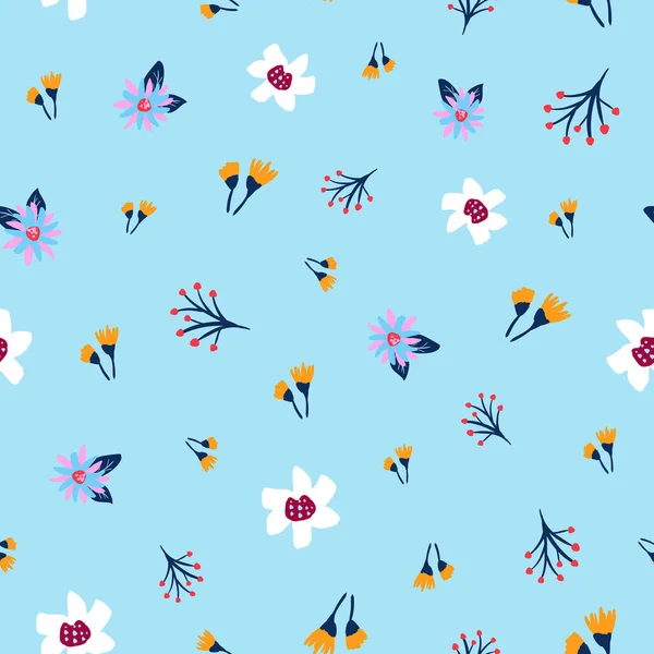 Kusursuz Desenli Mavi Arka Planda Yaz Çiçekleri — Stok Vektör
