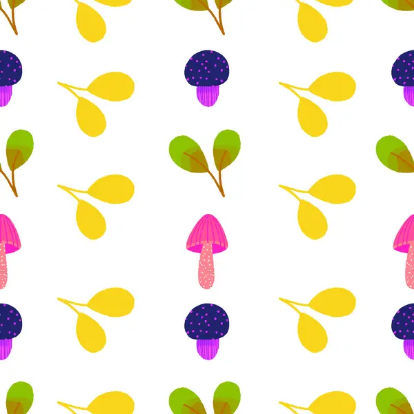 神奇的蘑菇和叶子呈白色无缝图案 — 图库矢量图片