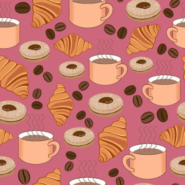 Kahve, kruvasan ve kurabiye desensiz tasarım.