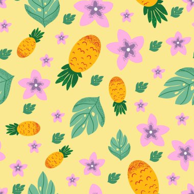 Sarı zemin üzerinde tropikal yaz vektör deseni tasarımı