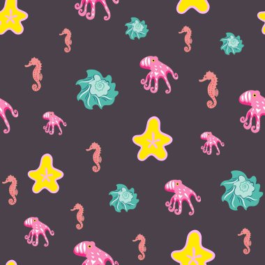 Deniz yaşamı tekrar desenli tasarım çizimi