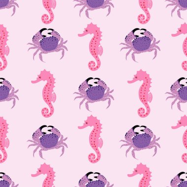Deniz atı ve yengeç soyut, dikişsiz desen tasarımı