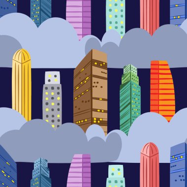 Gökdelenler ve bulutlar vektörsüz desen tasarımı