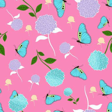 Hydrangeas insects pattern vector design clipart