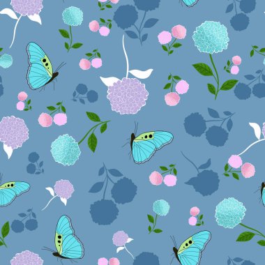 Hydrangea and butterfly floral seamless background pattern clipart