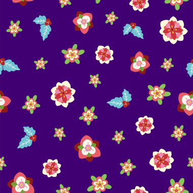 Mor arka planda Noel çiçekleri deseni tasarımı