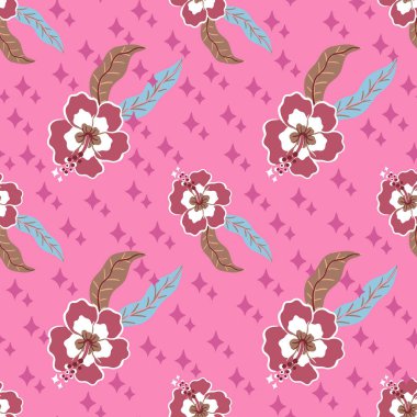 Hibiscus tropical seamless vector pattern on pink stars background