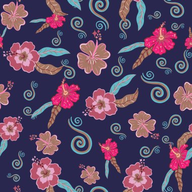 Hibiscus flowers in mocha mousse and pink seamless vector pattern