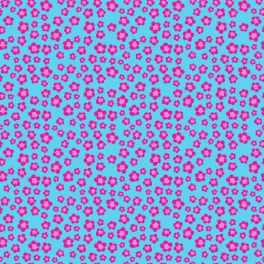 Pink ditsy flowers vector seamless pattern on blue background