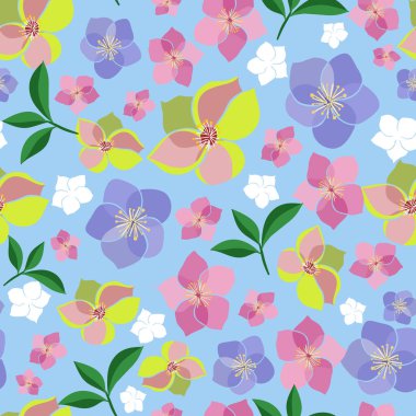 Hellebore flowers on blue background seamless pattern
