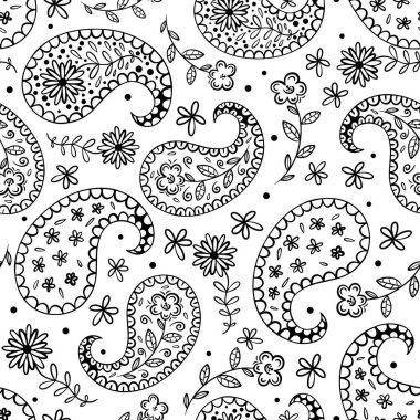 Black and white floral paisley seamless pattern design