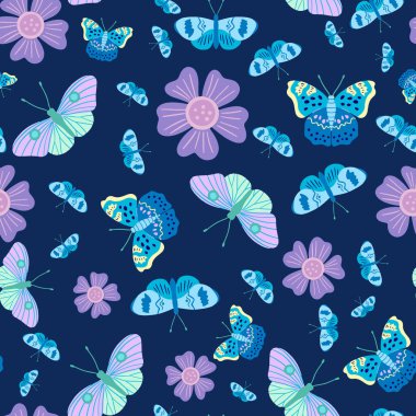 Seamless pattern design colorful butterflies and flowers on dark blue background