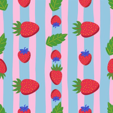 Strawberry and leaf on striped background, seamless vector pattern