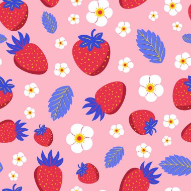 Botanical strawberry vector repeat pattern on pink background