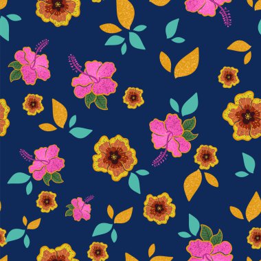 Colorful hibiscus repeat pattern design on dark blue background