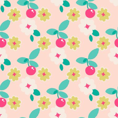 Flowers and cherries abstract seamless pattern design