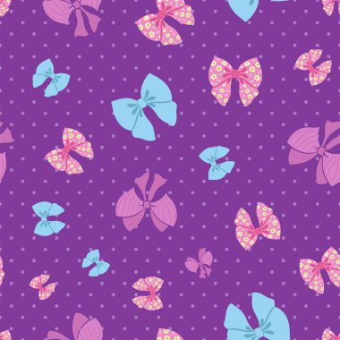 Bows and flowers seamless pattern on purple polka dots background