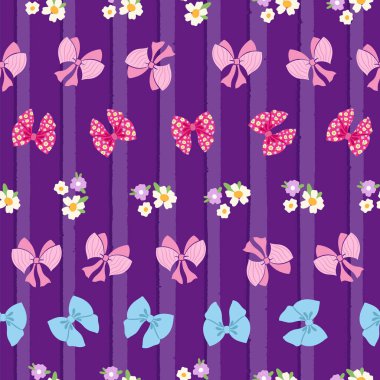 Cute seamless pattern with bows and flowers on purple striped background