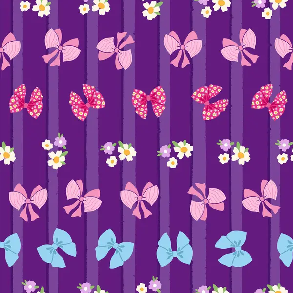Cute seamless pattern with bows and flowers on purple striped background