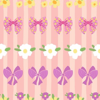 Cute seamless pattern with bows and flowers on stripes