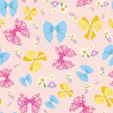 Bows and flowers vector seamless pattern