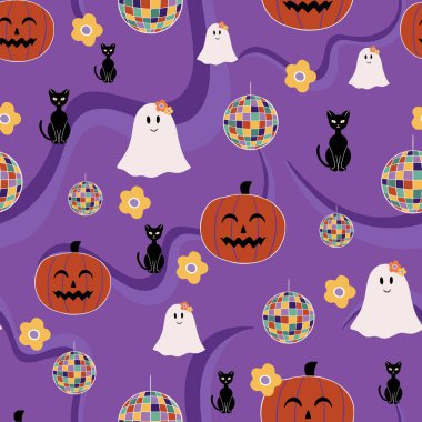 Retro Halloween 70s style seamless pattern