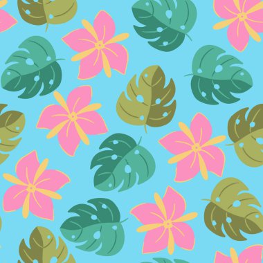 Tropical leaves and flowers seamless pattern on blue background