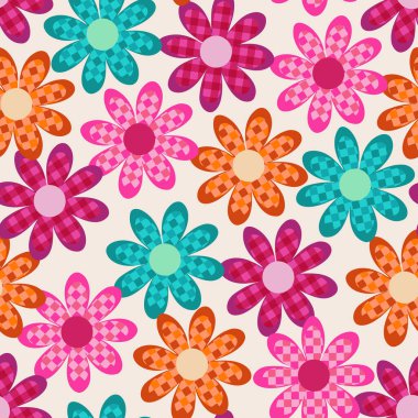 Vibrant gingham 70s flowers seamless design vector pattern