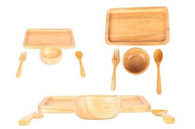 wooden spoon fork cup plate isolated on white background.