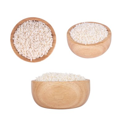 wooden rice bowl isolated on white background.
