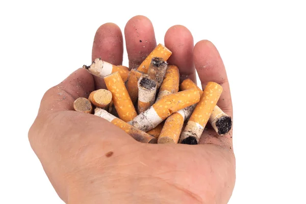 Colillas Cigarrillos Mano Aisladas Sobre Fondo Blanco — Foto de Stock