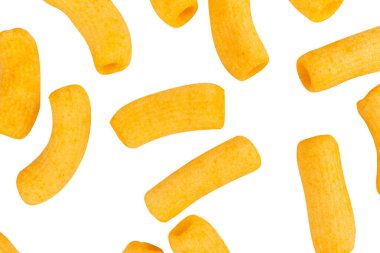 Silindirik abur cuburlar beyaz arkaplana düşüyor.