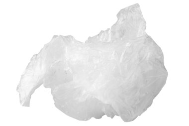 Crumpled clear plastic bag on white background environmental pollution and waste concept.