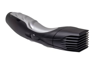 Close-up of a new black silver rechargeable beard and hair clipper isolated on a white background. Clipping path. Cordless hair and beard trimmer. Macro.