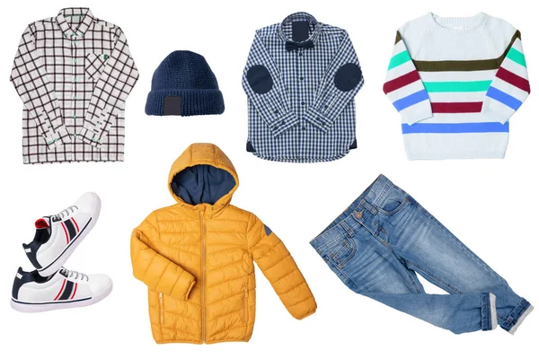 Collage Sada Malých Chlapců Podzimní Oblečení Izolované Bílém Pozadí Džínové — Stock fotografie