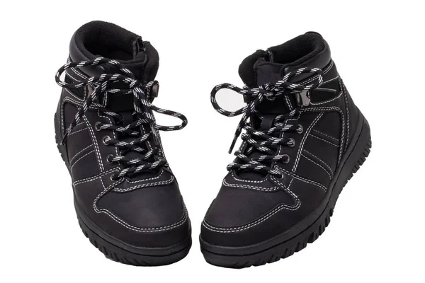 Winter Boots Close Pair Elegant Black Leather Winter Boots Laces — Stock Photo, Image