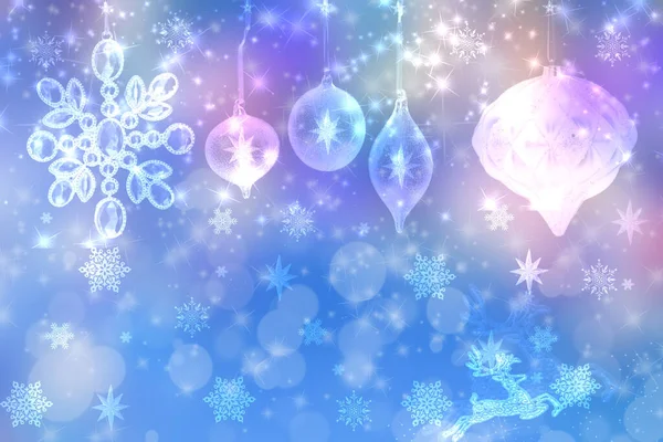 摘要带着明亮的粉色和蓝色的圣诞彩灯点亮了圣诞球和星辰 模糊了过冬或新年的喜庆背景 空间为您的设计 卡片概念 — 图库照片