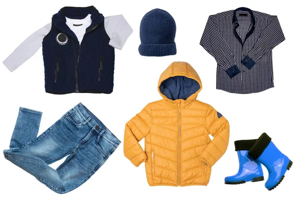 Collage Set Von Kinderkleidung Jeans Oder Hose Stiefel Regenjacke Oder — Stockfoto