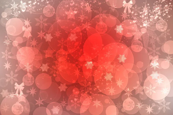 Christmas card template. Abstract festive red pink christmas background texture with bokeh lighted xmas stars, baubles and circles. Beautiful card design. Space.