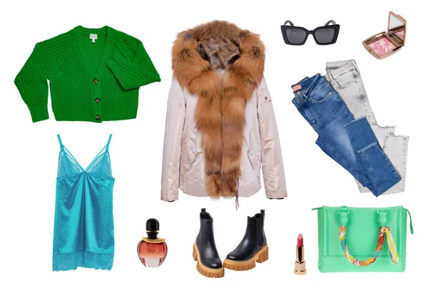 Collage Vrouwenkleding Set Van Een Stijlvol Luxe Winterjasje Met Bont — Stockfoto
