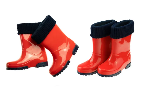 孩子的鞋子和靴子 红色胶靴或胶靴的防弹衣 在白色背景上隔离 收割路径 童鞋时尚 — 图库照片