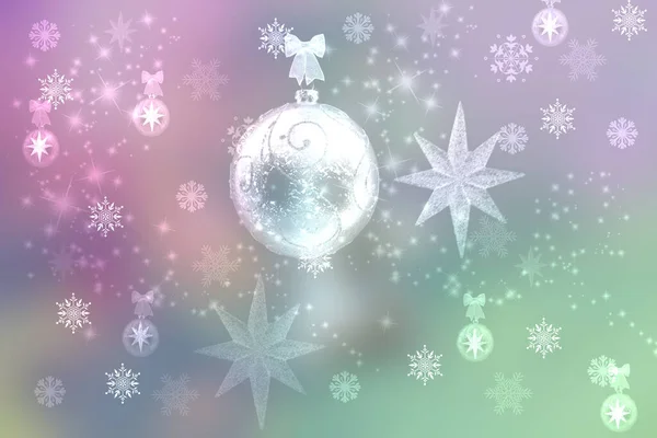 摘要带着明亮的粉色和绿色的圣诞彩灯点亮了圣诞球和星辰 模糊了过冬或新年的喜庆背景 空间为您的设计 卡片概念 — 图库照片